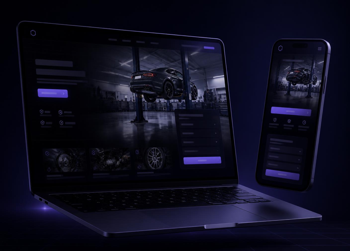 A car repair shop website shown on a laptop and a phone